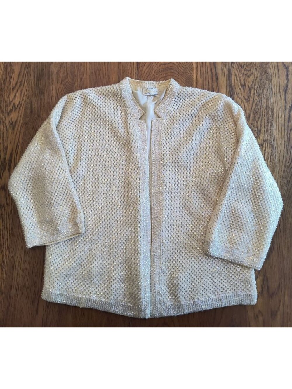 Vintage Cyn Les Beautiful Cropped Ivory Knit Sequin Sweater Made in British Hong